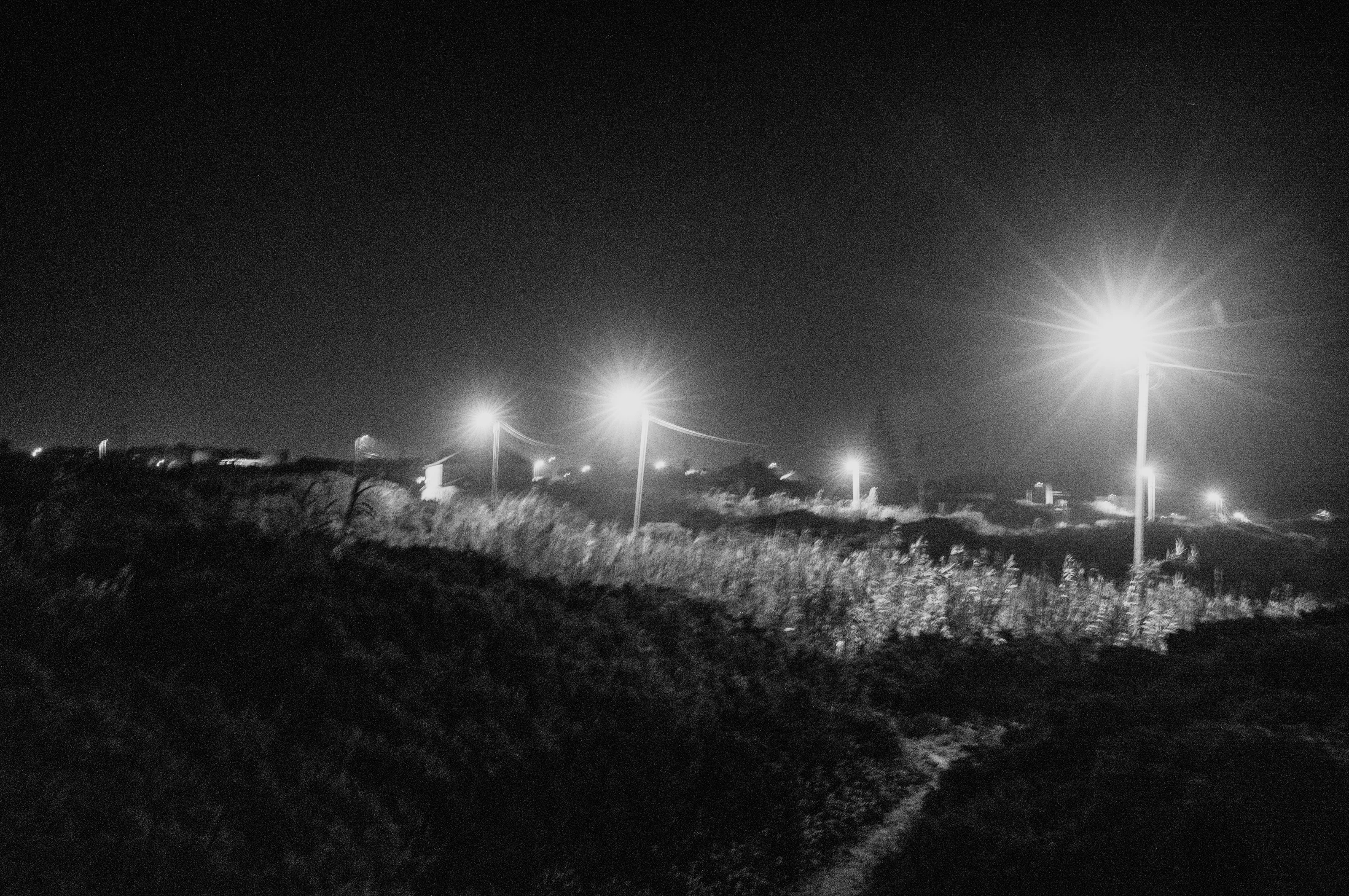 Night scene with bright streetlights illuminating a rural landscape.