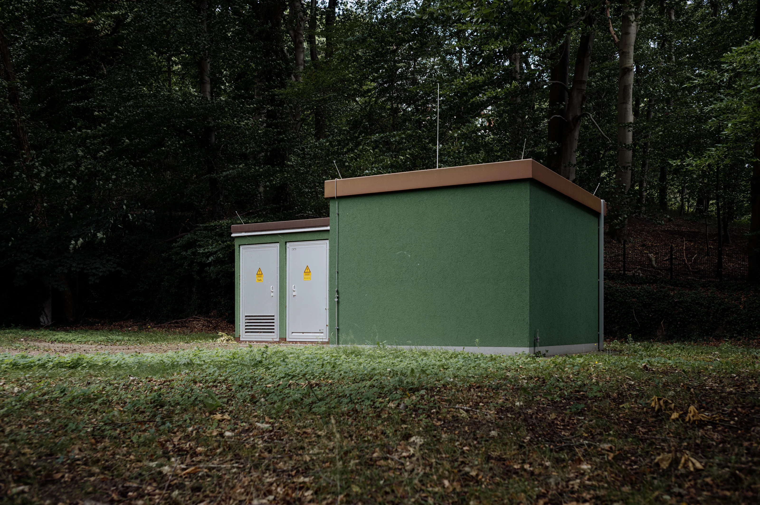 A small green electrical utility building in a forested area.