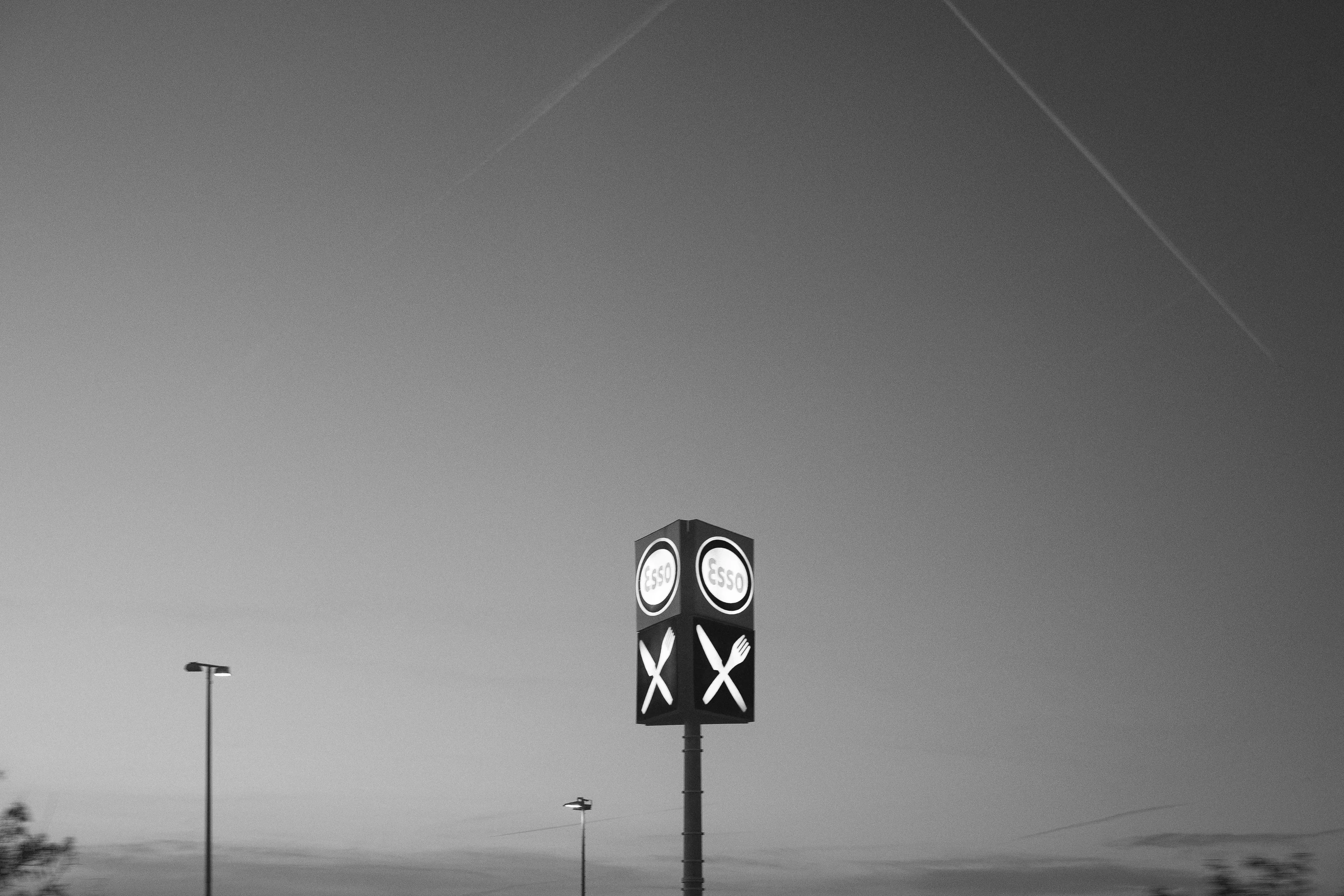 A tall signpost with the Esso logo and a cutlery icon against a dusky sky.