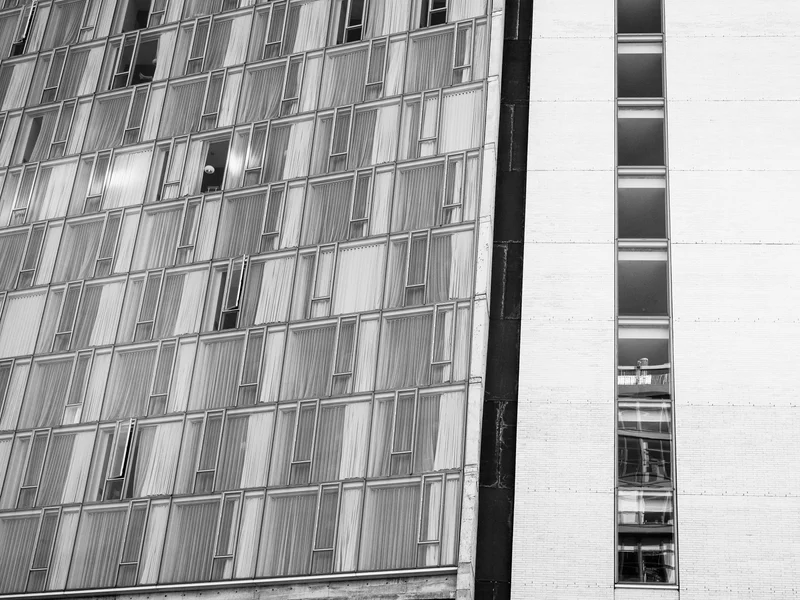 Black and white photo of two adjacent building facades with vertical windows.