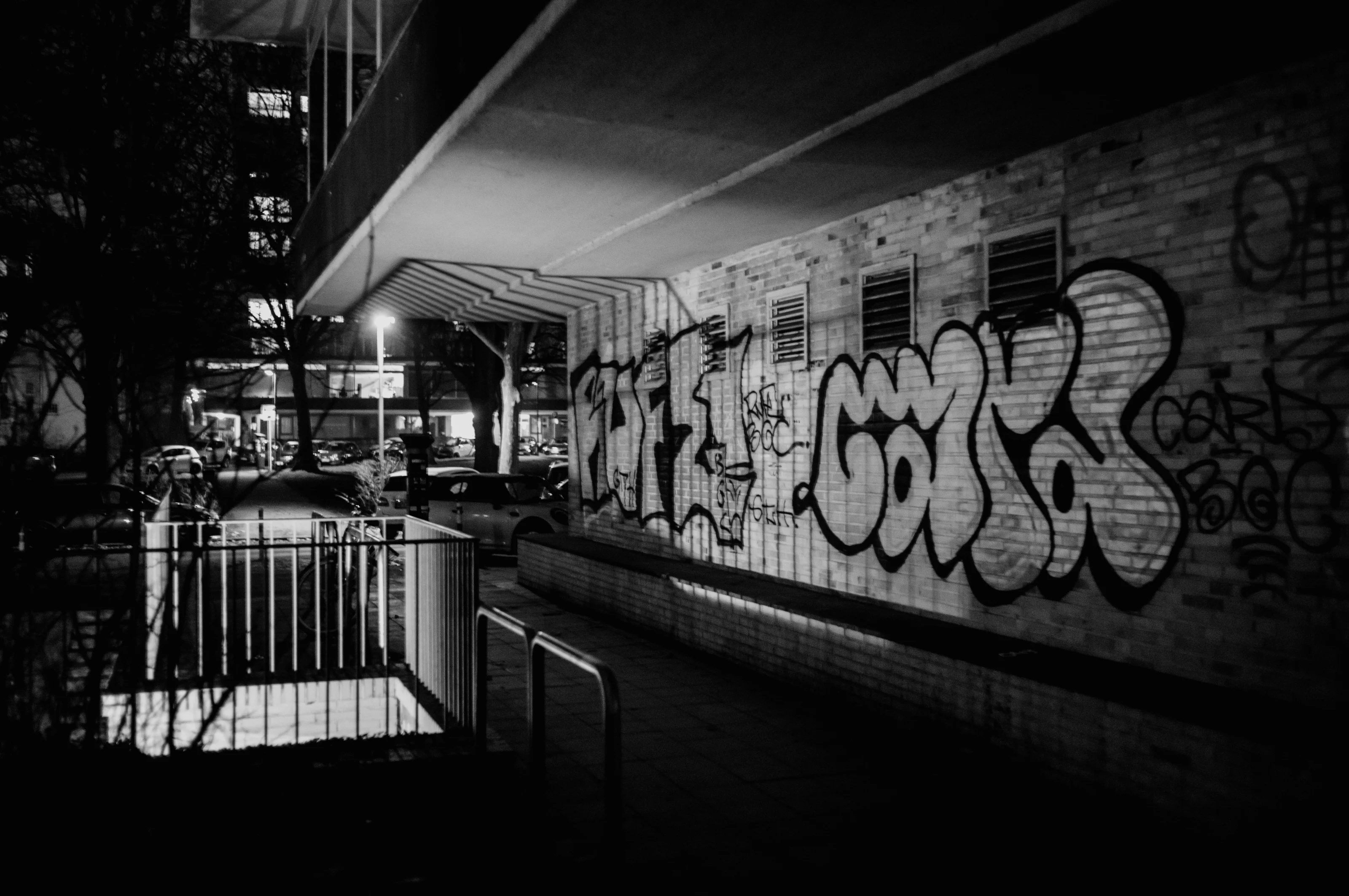Black and white photograph of graffiti on a building wall at night with cars and trees in the background.