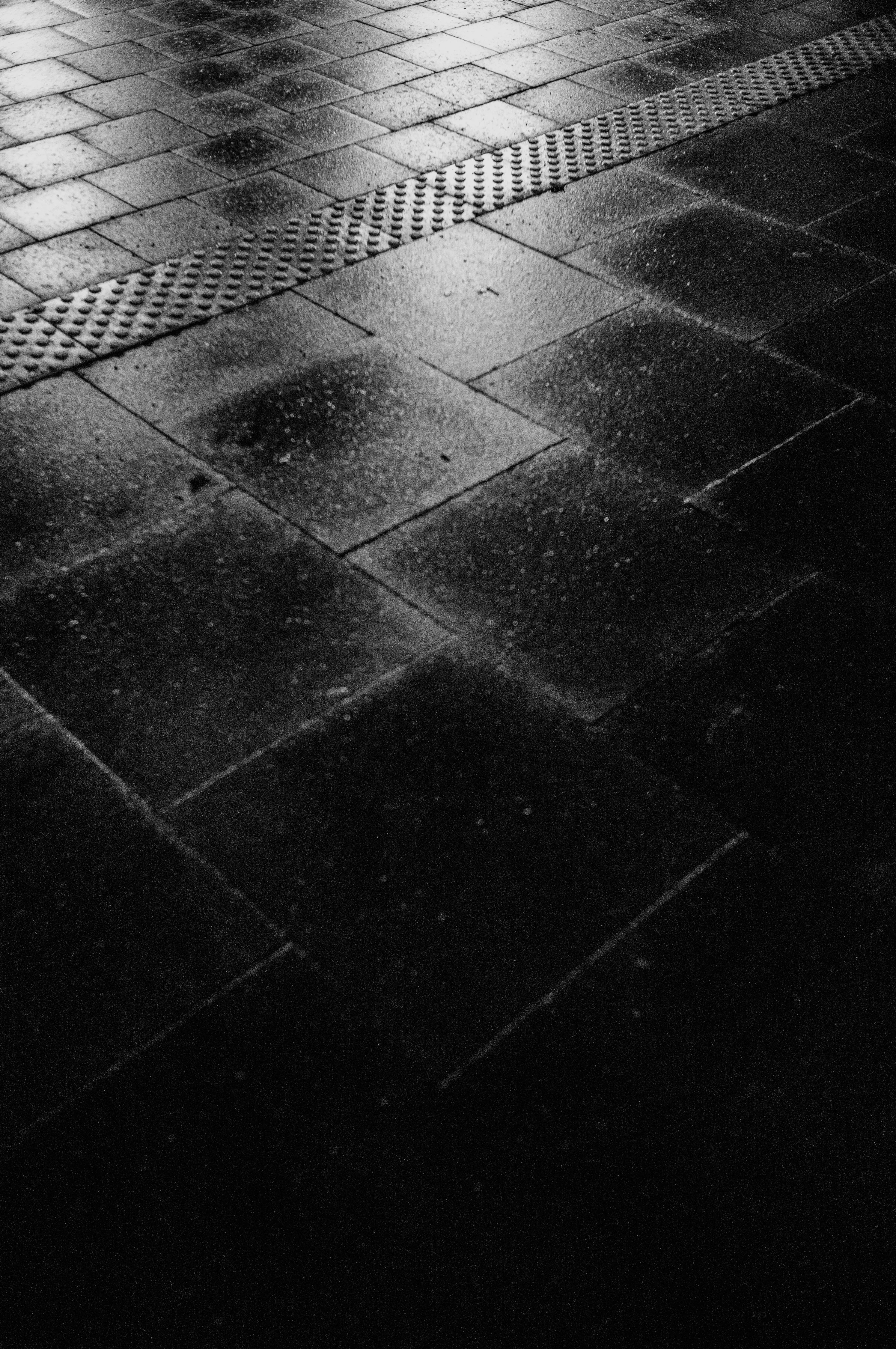 Black and white photo of wet pavement with textured tiles forming a diagonal line.