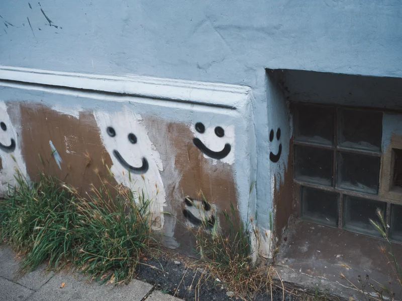 Graffiti of smiling faces on a wall with glass blocks and grass below.