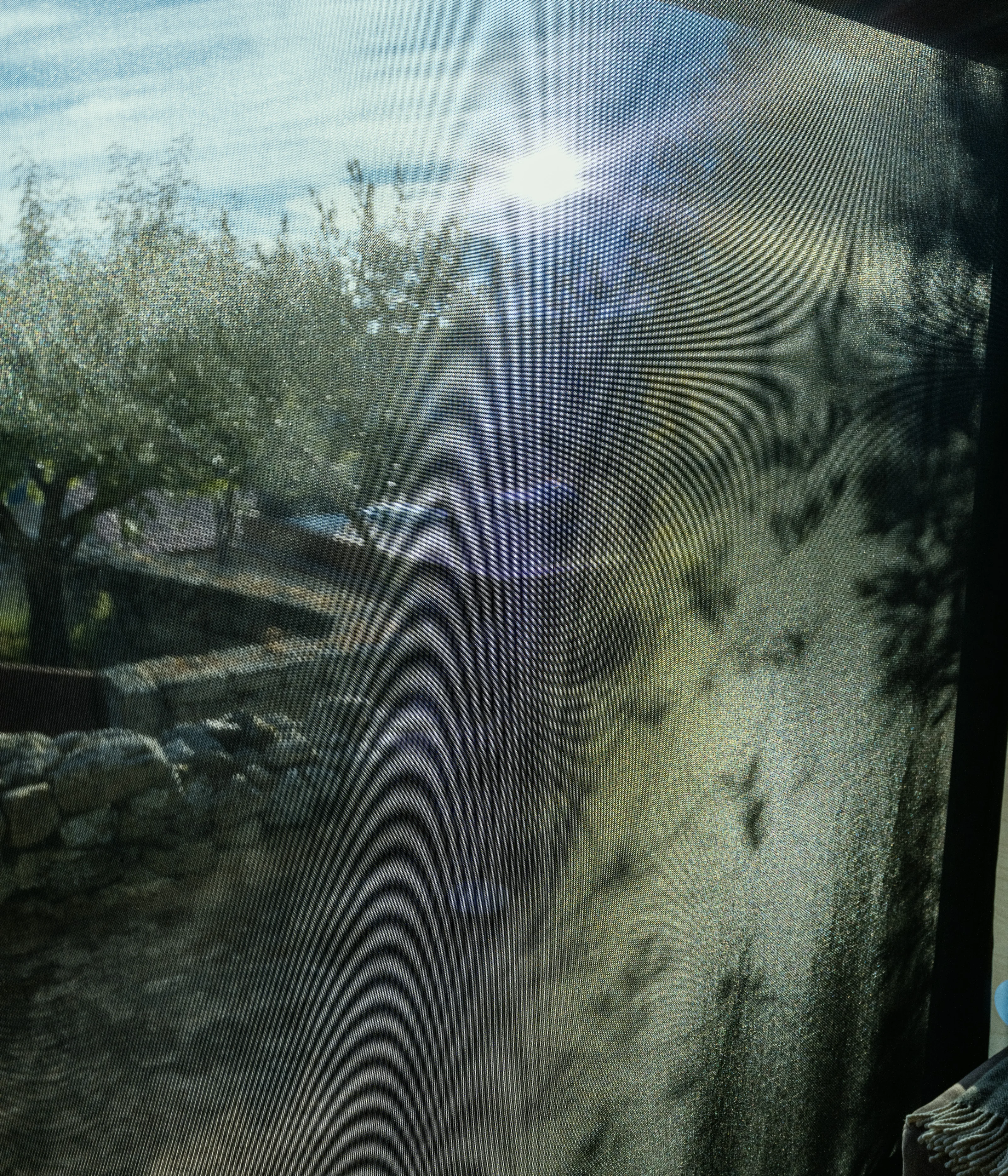 Sunlight filtering through a mesh curtain with trees and a stone wall outside.