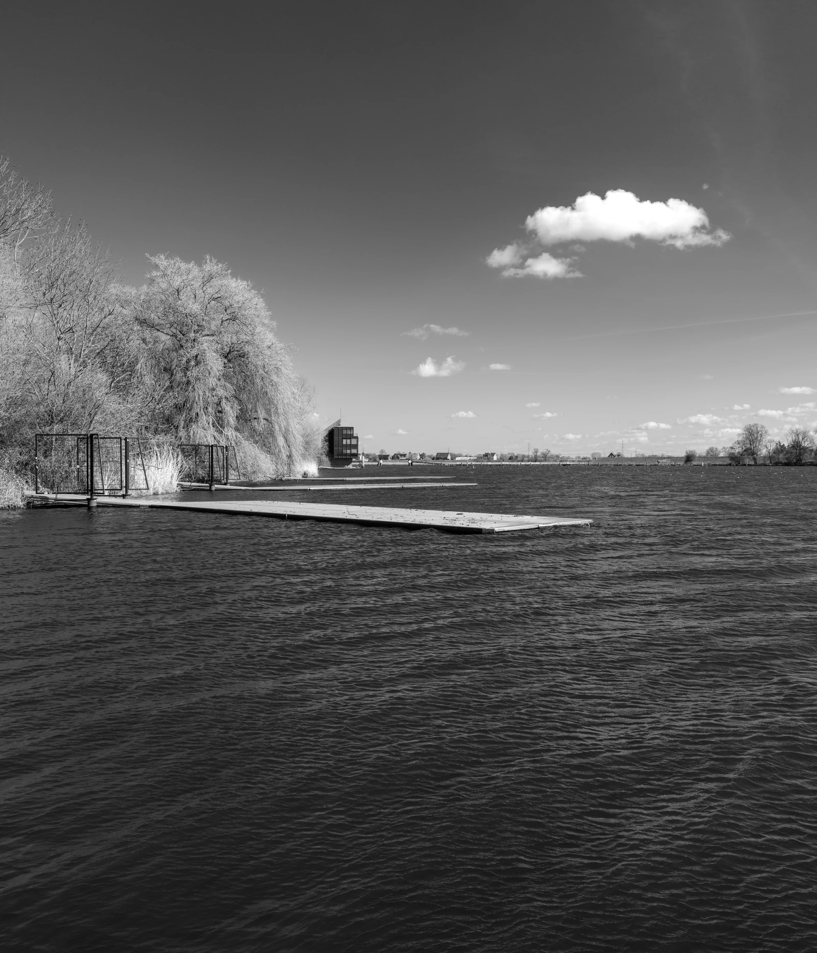 A serene lakeside scene with a wooden dock extending into the water beside tree-lined shores and a cloudy sky.
