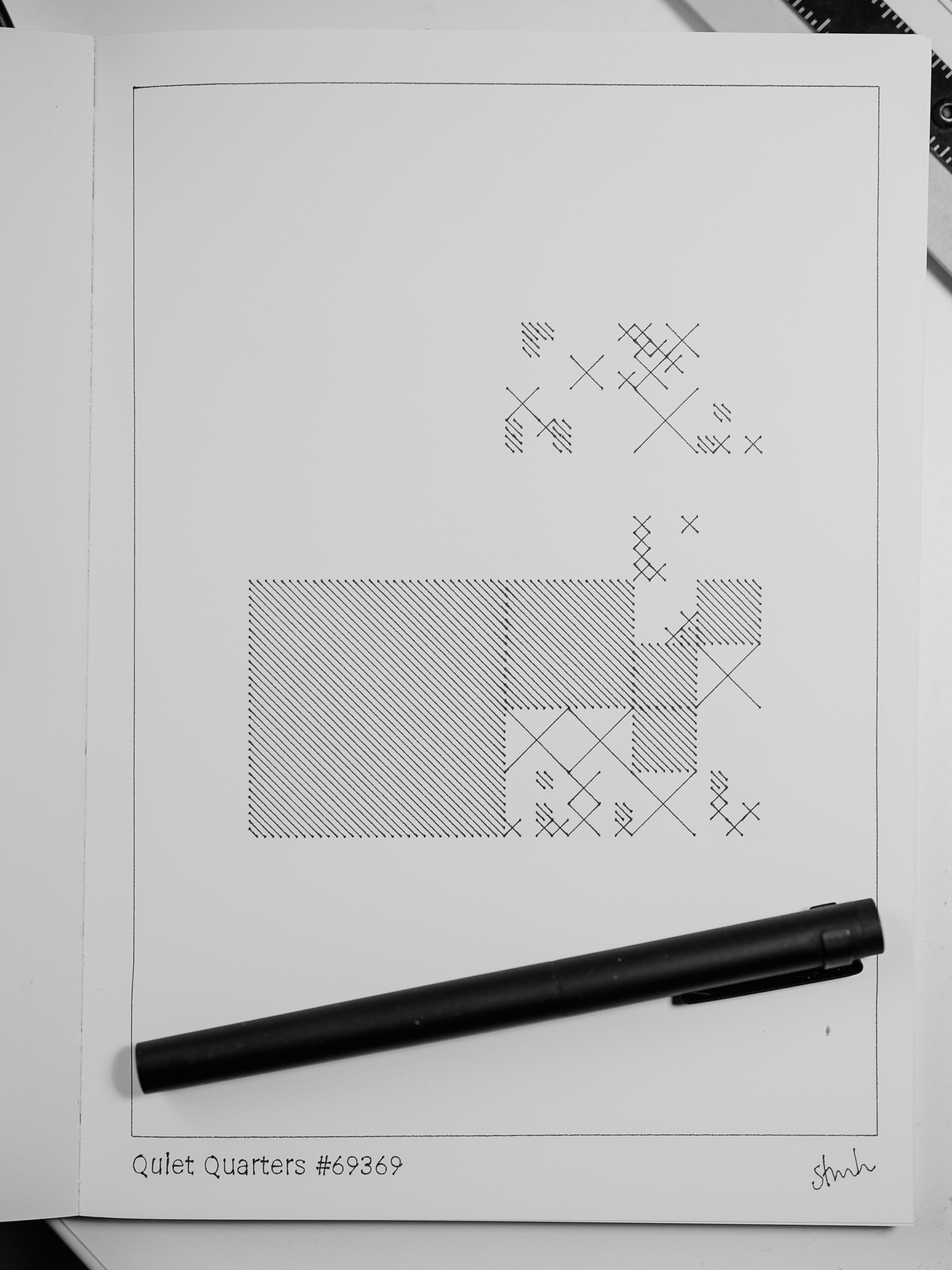 Quiet Quarters #69369, a sparse arrangement of diagonally hatched rectangles with a few scattered marks drifting above
